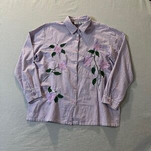 BFA Classics Womens Purple Gingham Floral Embroidered Cotton Button Down Shirt L
